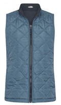 The Sporte Leisure Women's Vest in Denim is a sleeveless, blue quilted golf vest with a front zipper, high collar, and diamond-patterned lightweight insulated fabric from Sporte Leisure.