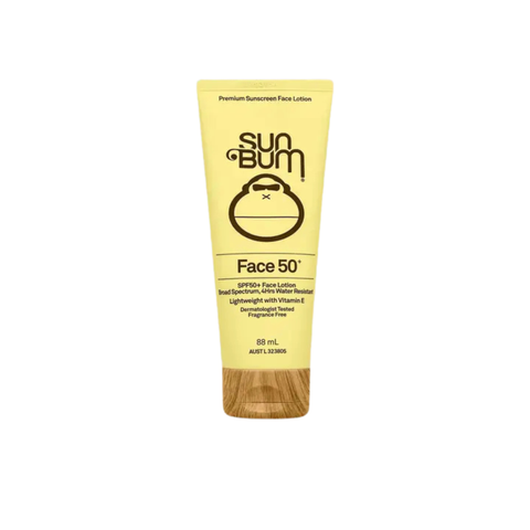 Sun Bum Face SPF 50+ Lotion (88ml) by Sun Bum is a yellow, fragrance-free, lightweight sunscreen with a brown flip-cap, water-resistant, enriched with vitamin E, and offers broad spectrum sun protection for your face.