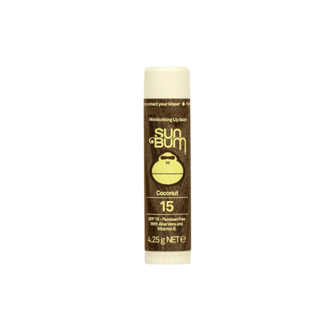 Sun Bum SPF 15 Sunscreen Lip Balm | Coconut | 4.25g features a brown and cream tube with a monkey face logo. Paraben-free, it hydrates lips with aloe and vitamin E, offering sun protection in a coconut flavor.