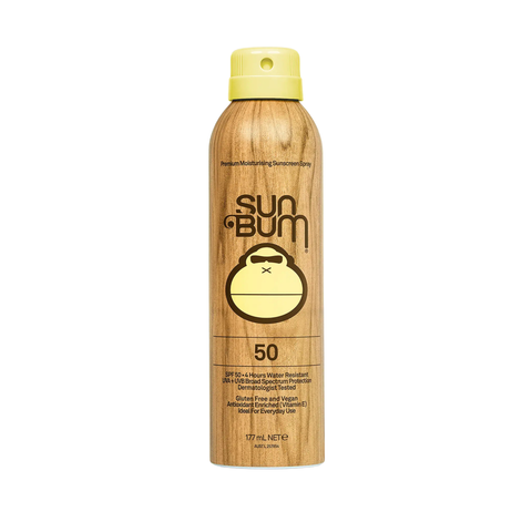 The Sun Bum SPF 50 Spray (177ml) features a woodgrain design, yellow cap, and cartoon monkey face. It provides broad spectrum sun protection, is water resistant, and ideal for daily use.