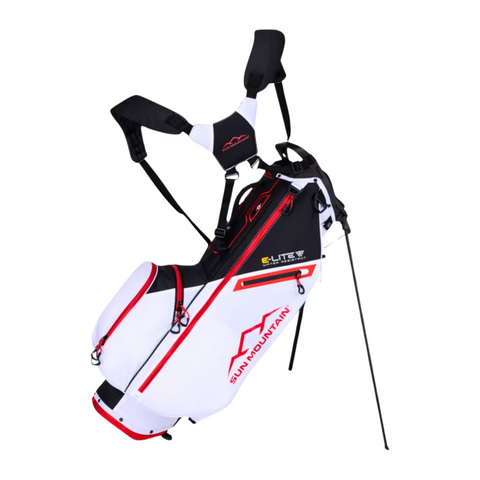The Sun Mountain 2025 E-Lite Carry Bag in Black/White/Red is an ultra-lightweight golf bag featuring dual padded shoulder straps, multiple zippered pockets, and a retractable stand.