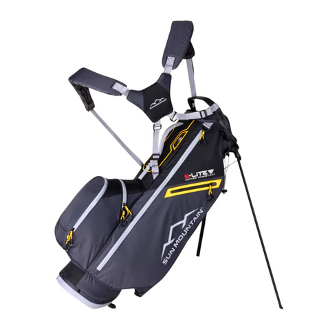 The Sun Mountain 2025 E-Lite Carry Bag in Black/Steel/Gold features multiple zippered pockets, a dual shoulder strap, and a stand with two legs—an ultra-lightweight golf bag designed for easy carrying.
