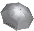 The Sun Mountain 68 UV Umbrella in silver, featuring the Sun Mountain logo printed in black on two panels, is shown open against a white background.