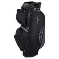 The Sun Mountain C-130 Sync Cart Bag 2024 is a black golf bag with multiple zippered pockets, a large side logo, and a top handle, designed for organizing clubs and accessories on a push cart.