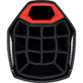 Top view of a black and red padded camera bag insert with multiple soft, rectangular compartments for organizing gear, similar to the efficient storage in the Sun Mountain C-130 Sync Cart Bag 2024 by Sun Mountain.