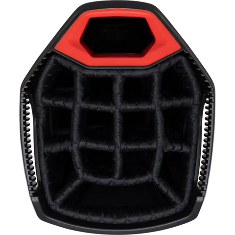 Top view of a black and red padded camera bag insert with multiple soft, rectangular compartments for organizing gear, similar to the efficient storage in the Sun Mountain C-130 Sync Cart Bag 2024 by Sun Mountain.