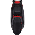 The Sun Mountain C-130 Sync Cart Bag 2024 is a black golf cart bag with red accents, multiple zippered pockets, an upright design, and a top handle.