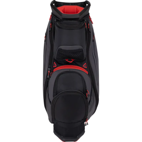 The Sun Mountain C-130 Sync Cart Bag 2024 is a black golf cart bag with red accents, multiple zippered pockets, an upright design, and a top handle.