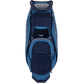 The Sun Mountain C-130 Sync Cart Bag 2024 in blue and navy features multiple zippered pockets and compartments, shown upright—an ideal Sun Mountain push cart golf bag for organized on-course storage.