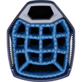 Top-down view of a blue catchers mitt with black and gray trim, featuring a woven web pocket reminiscent of the sleek design on the Sun Mountain C-130 Sync Cart Bag 2024 by Sun Mountain.