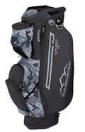 The Sun Mountain C-130 Sync Cart Bag 2024 features a black and grey design, camo side pockets, and multiple zippered compartments—ideal for stylish, organized storage as a golf push cart bag.