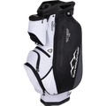The Sun Mountain C-130 Sync Cart Bag 2024 by Sun Mountain is a black and white golf cart bag with multiple zippered pockets and compartments, perfect for carrying clubs and accessories.