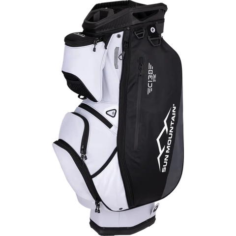 The Sun Mountain C-130 Sync Cart Bag 2024 by Sun Mountain is a black and white golf cart bag with multiple zippered pockets and compartments, perfect for carrying clubs and accessories.