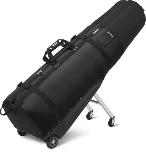 The Sun Mountain ClubGlider Journey Travel Cover is a large black rolling hard case with wheels and a handle, standing upright for easy transport and excellent club protection—perfect for safely moving your golf gear.