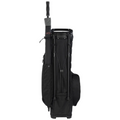 The Sun Mountain E-3.5 Carry Bag 2025 is a black, lightweight golf bag with wheels, a handle, protective cover, and upright design. A golf club peeks from the top, showcasing the quality style of Sun Mountain.