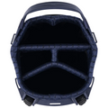 Top view of the Sun Mountain E-3.5 Carry Bag 2025 in navy blue, featuring three main compartments with padded dividers to organize and protect your golf clubs. Lightweight design by Sun Mountain.