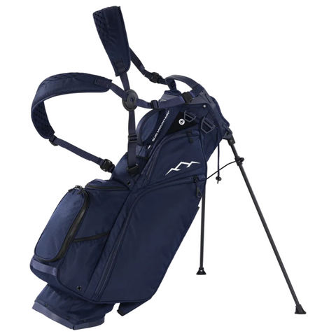 The Sun Mountain E-3.5 Carry Bag 2025 is a lightweight navy blue golf bag with multiple zippered pockets, dual shoulder straps, and two fold-out legs for easy standing, making it ideal for effortless carrying on the course.