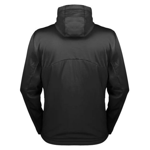 The Sun Mountain Men’s Colter III Jacket, shown in black from the back, features long sleeves, a seam across the upper back, smooth matte finish, lightweight insulation, and a relaxed fit.