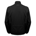 The Sun Mountain Men’s Monsoon Jacket is a black, lightweight golf jacket shown from the back, with long sleeves, a high collar, and a small white Sun Mountain logo near the top center.