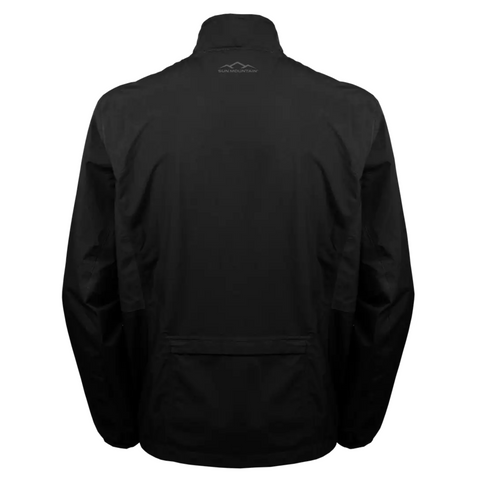 The Sun Mountain Men’s Monsoon Jacket is a black, lightweight golf jacket shown from the back, with long sleeves, a high collar, and a small white Sun Mountain logo near the top center.