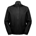 The Sun Mountain Men’s Monsoon Jacket by Sun Mountain is a black, lightweight, waterproof golf jacket with long sleeves and a stand-up collar, featuring a minimalist design—ideal for any weather.