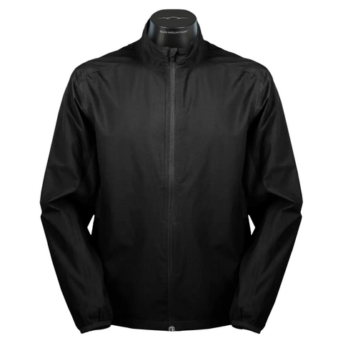 The Sun Mountain Men’s Monsoon Jacket by Sun Mountain is a black, lightweight, waterproof golf jacket with long sleeves and a stand-up collar, featuring a minimalist design—ideal for any weather.
