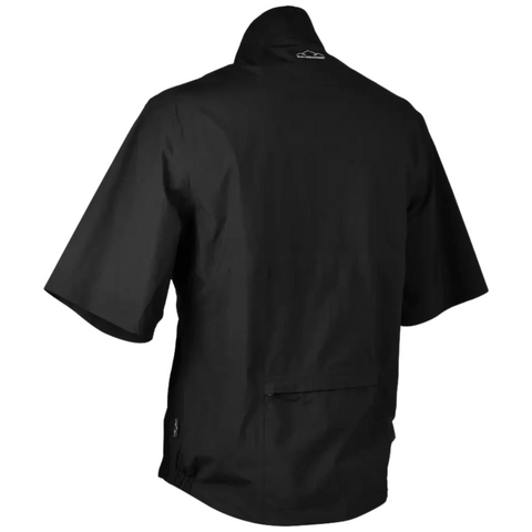 The Sun Mountain Mens Monsoon Short Sleeve Pullover in black features a high collar, small white logo near the neck, and a zippered back pocket—combining style and waterproof protection for golfers.