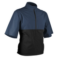 The Sun Mountain Mens Monsoon Short Sleeve Pullover is a waterproof golf jacket with a half-zip, featuring a dark blue upper and black lower section—perfect for staying dry on the course.
