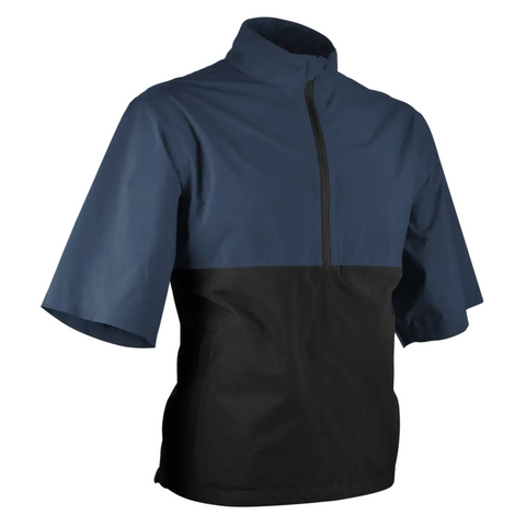 The Sun Mountain Mens Monsoon Short Sleeve Pullover is a waterproof golf jacket with a half-zip, featuring a dark blue upper and black lower section—perfect for staying dry on the course.