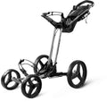 The Sun Mountain PX4 Trundler is a lightweight, black and silver three-wheeled golf push cart with a handle, storage area, and sturdy frame—ideal for carrying your golf bag on the course.