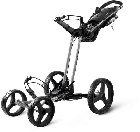 The Sun Mountain PX4 Trundler is a lightweight, black and silver three-wheeled golf push cart with a handle, storage area, and sturdy frame—ideal for carrying your golf bag on the course.