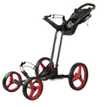 The Sun Mountain PX4 Trundler is a lightweight black golf trundler with four large red wheels, a handlebar, and mesh storage area—ideal for carrying your golf bag in style.