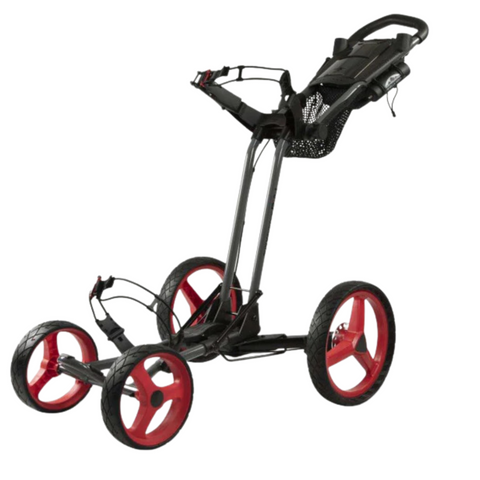 The Sun Mountain PX4 Trundler is a lightweight black golf trundler with four large red wheels, a handlebar, and mesh storage area—ideal for carrying your golf bag in style.