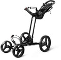 The Sun Mountain PX4 Trundler is a lightweight, black, three-wheeled push cart with a handlebar, storage compartments, and large sturdy wheels—ideal for carrying your golf bag across the course.