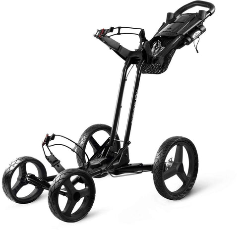 The Sun Mountain PX4 Trundler is a lightweight, black, three-wheeled push cart with a handlebar, storage compartments, and large sturdy wheels—ideal for carrying your golf bag across the course.