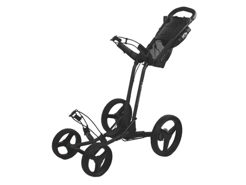 Side view, Sun Mountain PX4 Trundler in black, fully extended and ready to push