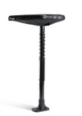 The Sun Mountain Pathfinder Trundler Seat by Sun Mountain is a black, height-adjustable standing stool with a contoured seat, telescoping central support, and flat base, designed for ergonomic support while standing or leaning.