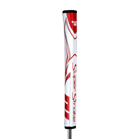 SuperStroke Zenergy Pistol Tour 1.0 putter grip in red and white, featuring a textured, patterned design with the SuperStroke logo running vertically along the grip.