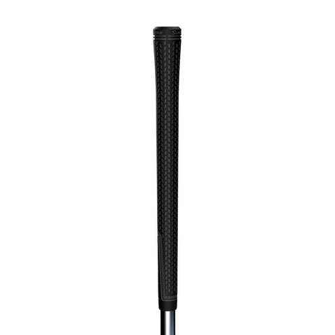 Close-up of the SuperStroke Crossline 2.0 Club Grip in black by Superstroke, mounted on a silver shaft and shown vertically against a white background