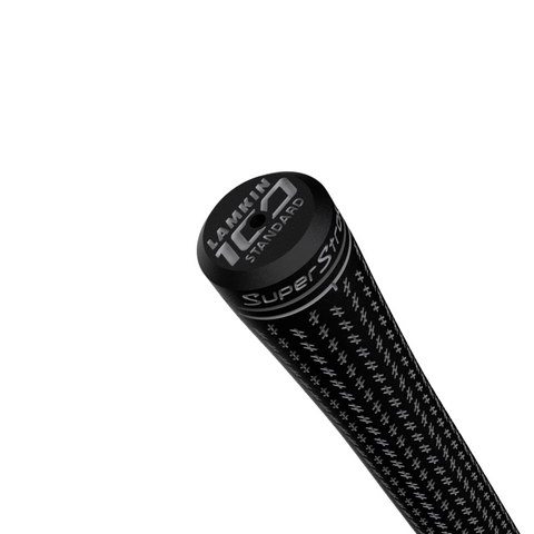 Close-up of the SuperStroke Crossline 2.0 Club Grip in black by Superstroke, featuring white cross patterns and LAMKIN 102 STANDARD on the end cap, designed for all-weather performance against a clean white background.