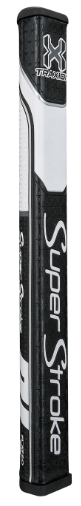 SuperStroke Flatso 3.0 putter grip in black and white, featuring a flat, wide design with the SuperStroke logo running vertically along the grip.