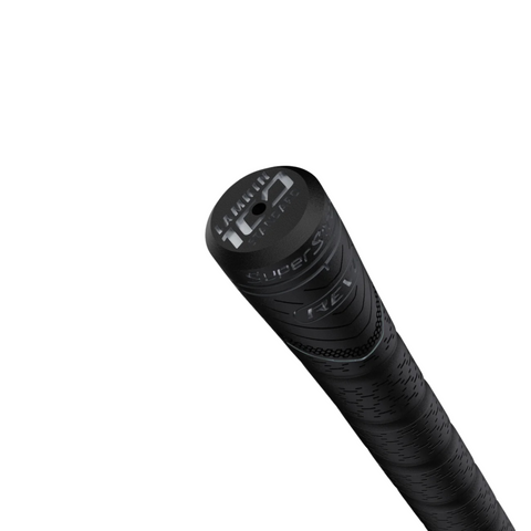 Close-up view of the Superstroke REVL Comfort Club Grip in black, featuring a shock-absorbing, textured surface with engraved branding, displayed against a white background.