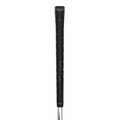 Close-up of the Superstroke REVL Comfort Club Grip in black, featuring ultra-soft, textured spiral wrapping with white accents for shock-absorbing comfort, shown attached to a silver shaft on a white background.