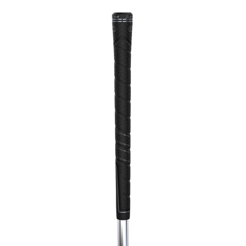 A close-up of the Superstroke REVL Comfort Club Grip in black, featuring shock absorption, wrapped around the top of a silver club shaft against a white background.