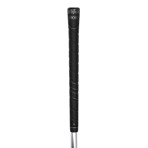 A close-up of the SuperStroke REVL Comfort Club Grip in black, featuring an ultra-soft, textured spiral pattern and SuperStroke branding at the top. The lower club shaft is partially visible.
