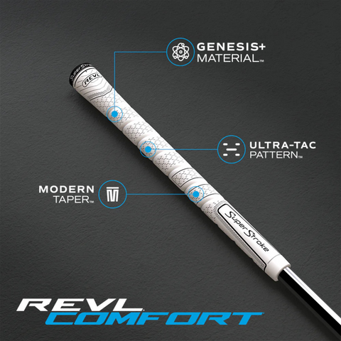 The black SuperStroke REVL Comfort Club Grip showcases shock-absorbing GENESIS+ material, an ULTRA-TAC pattern, and MODERN TAPER—each feature highlighted with callouts on a dark gray background.