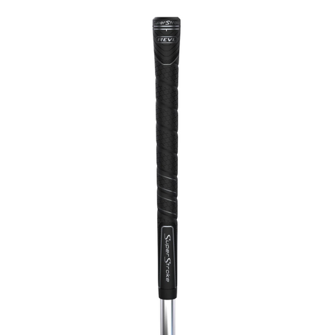 The SuperStroke REVL Comfort Club Grip in black features a textured, spiral design for an ultra-soft, shock-absorbing feel, shown vertically on the shaft against a white background.