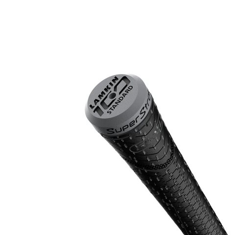 Close-up view of the end cap of a REVL Element Club Grip | Black, featuring a tacky texture and Superstroke branding along the side.