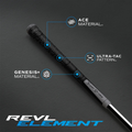 The SuperStroke REVL Element Club Grip | Black features a tacky texture with ACE Material, Genesis+ Material, and Ultra-Tac Pattern for an all-weather grip, finished with REVL ELEMENT on a dark background.