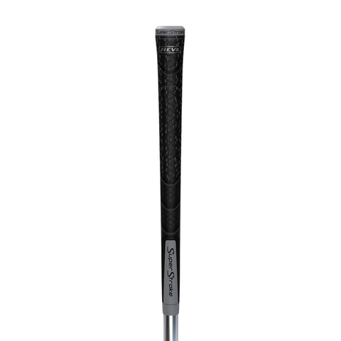 Close-up of a black REVL Element Club Grip by SuperStroke, featuring a tacky, textured pattern, displayed vertically on a silver club shaft against a white background.